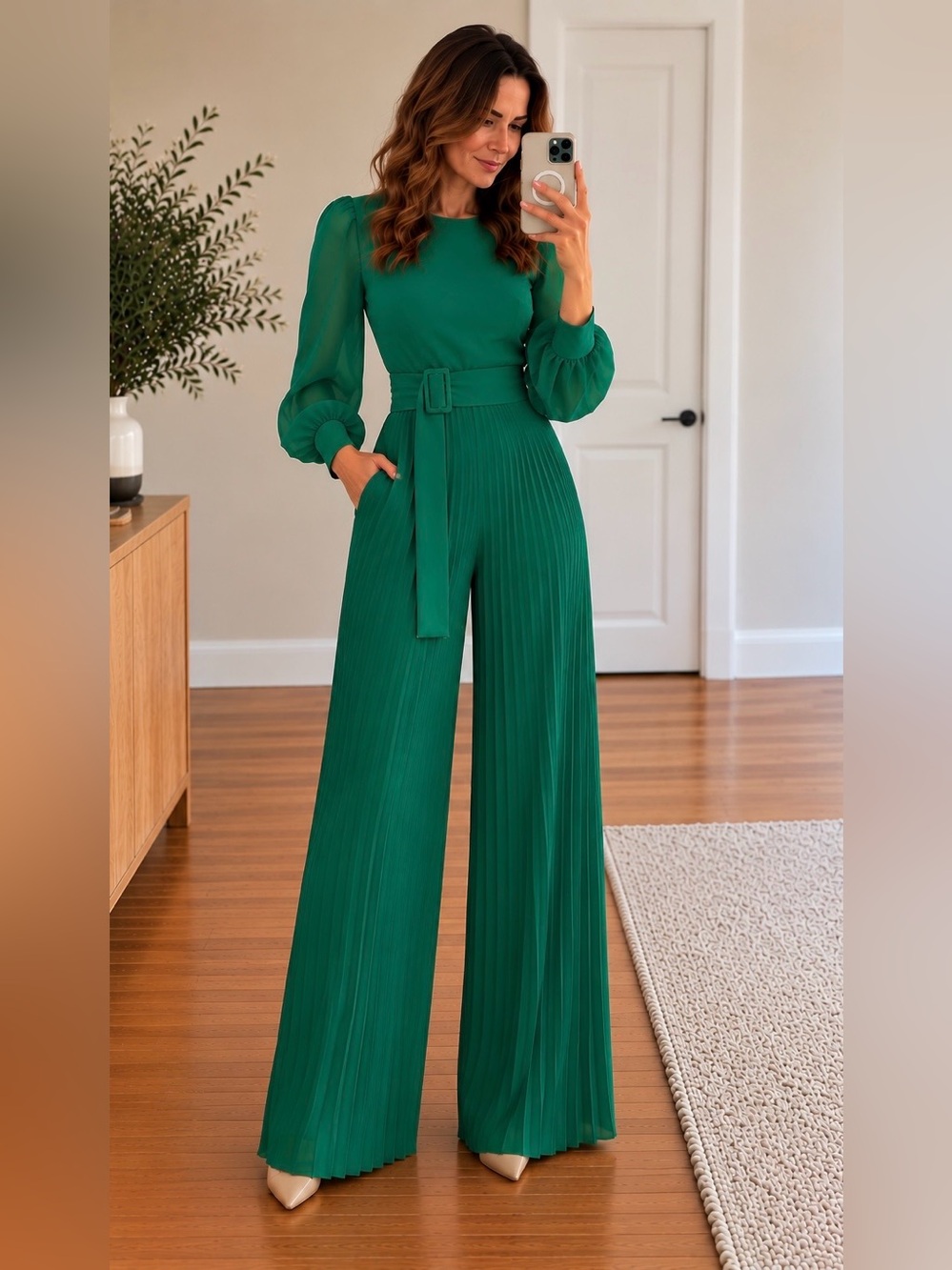 Zara Emerald Green Pleated Jumpsuit Belted Long Sleeve